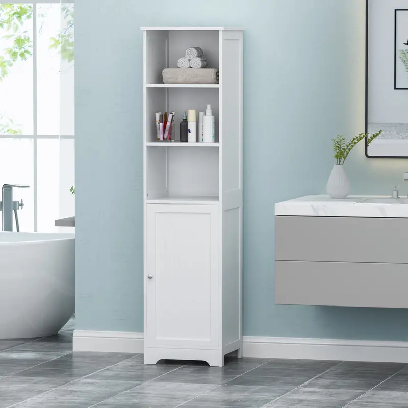 Slim Linen-Finish Freestanding Tower Cabinet For Bathroom Storage 1