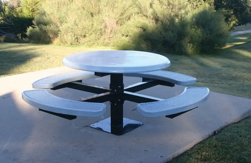 Solid-Top Round Single-Pedestal Picnic Table With Diamond-Perforated Steel Finish 1