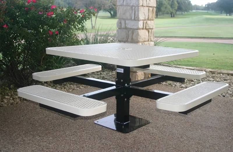 Square Single-Pedestal Picnic Table With Diamond-Perforated Steel Surface 1