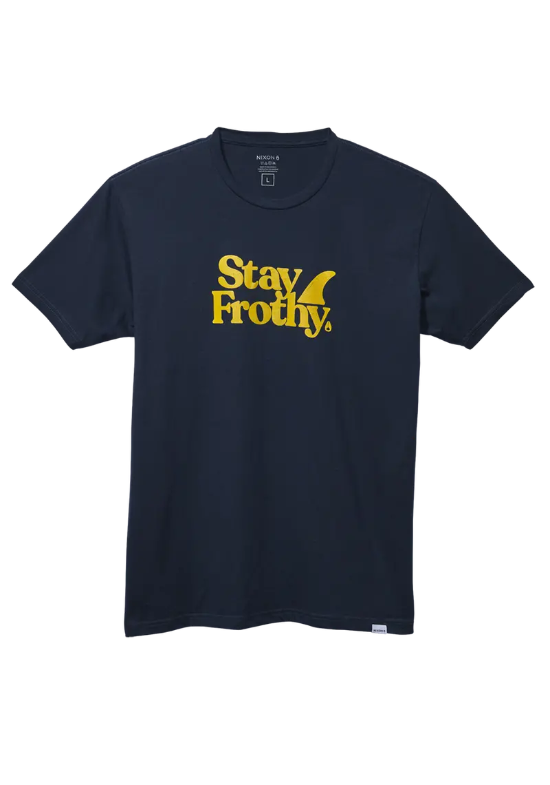 Stay Frothy Recycled Polyester Tee – Navy With Sunny Yellow Graphic 1