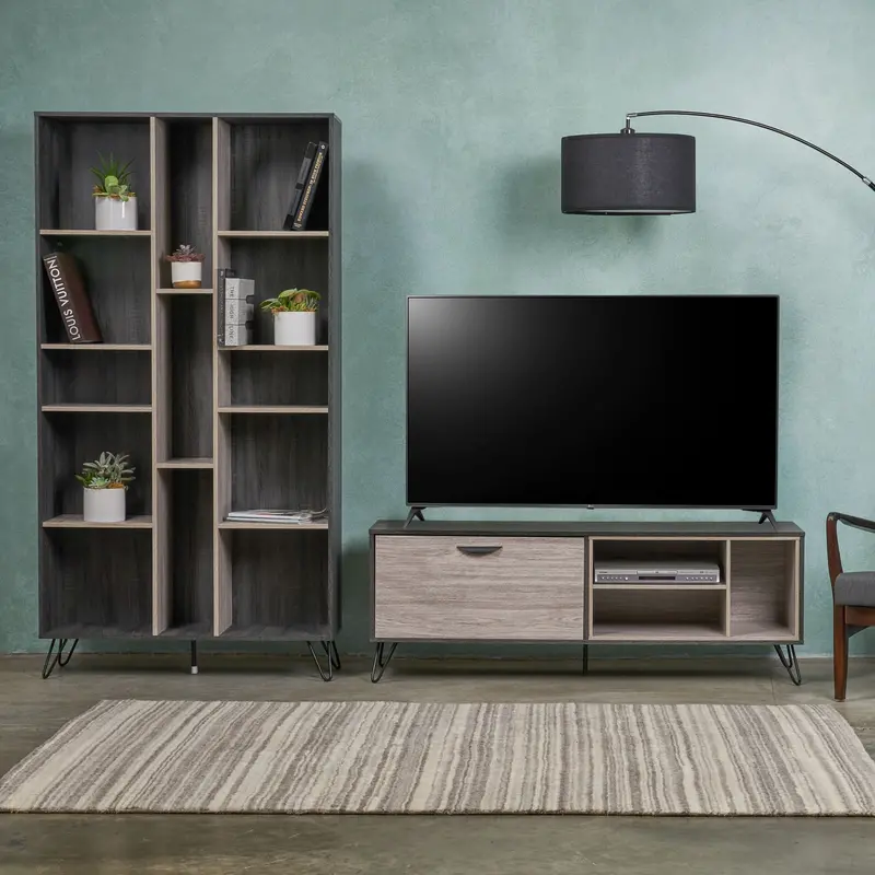 Stylish Two-Piece Mid-Century Set: Tv Console And Wall-Mounted Bookcase - Nh378903 1