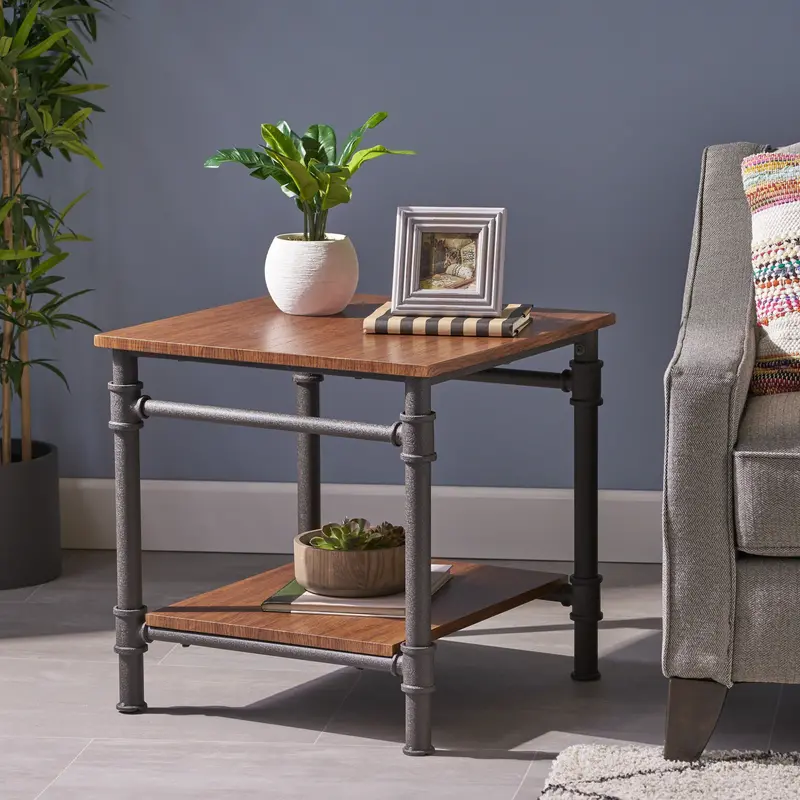 Teak-Finish Faux Wood End Table – Industrial Design, Warm Tones, Durable Construction (Nh942503) 1