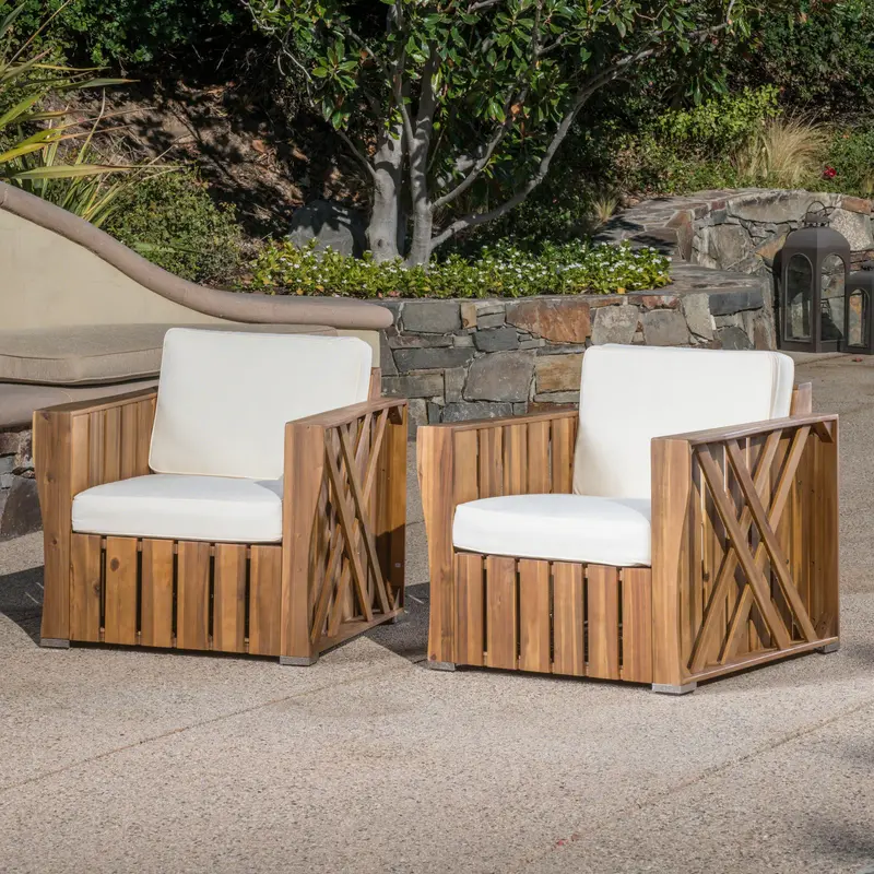 Teak-Stained Acacia Wood Outdoor Club Chairs With All-Weather Cushions (2-Pack) – Nh074303 1
