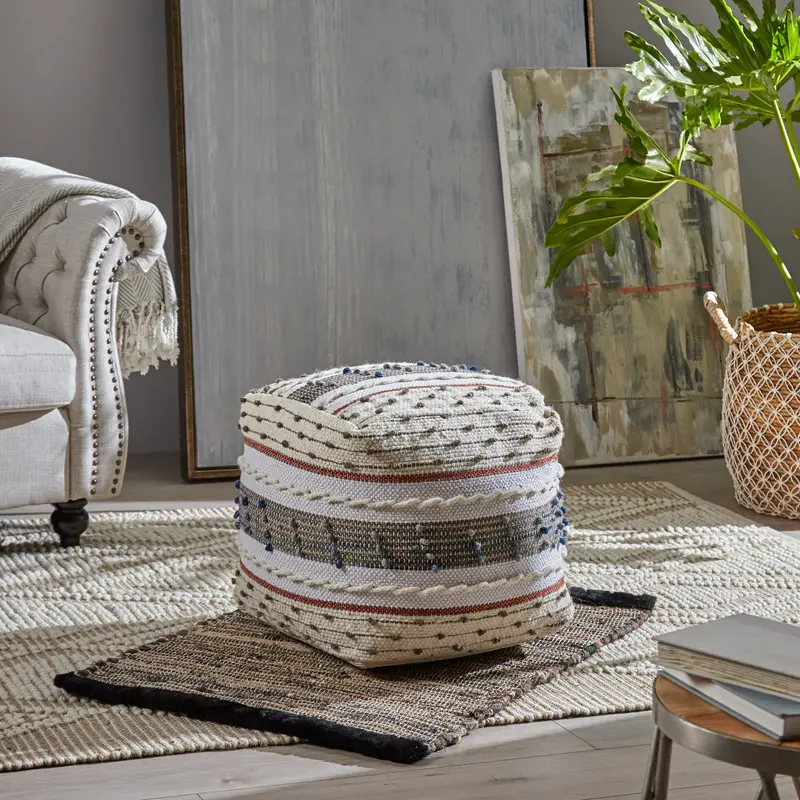 Textured Wool-And-Cotton Ottoman Pouf – Boho Living Room Accent Nh120803 1