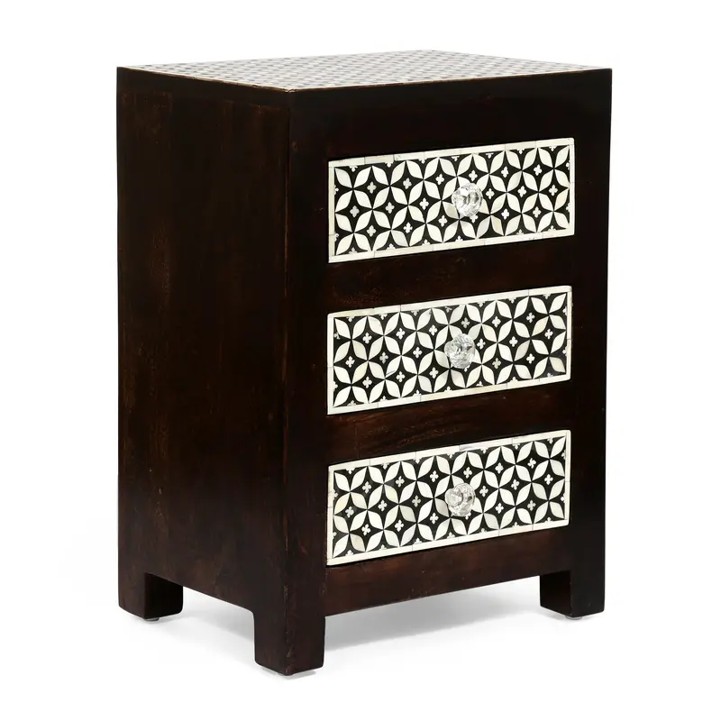 Three-Drawer Mango Wood Nightstand – Handcrafted Boho Bedroom Accent 1