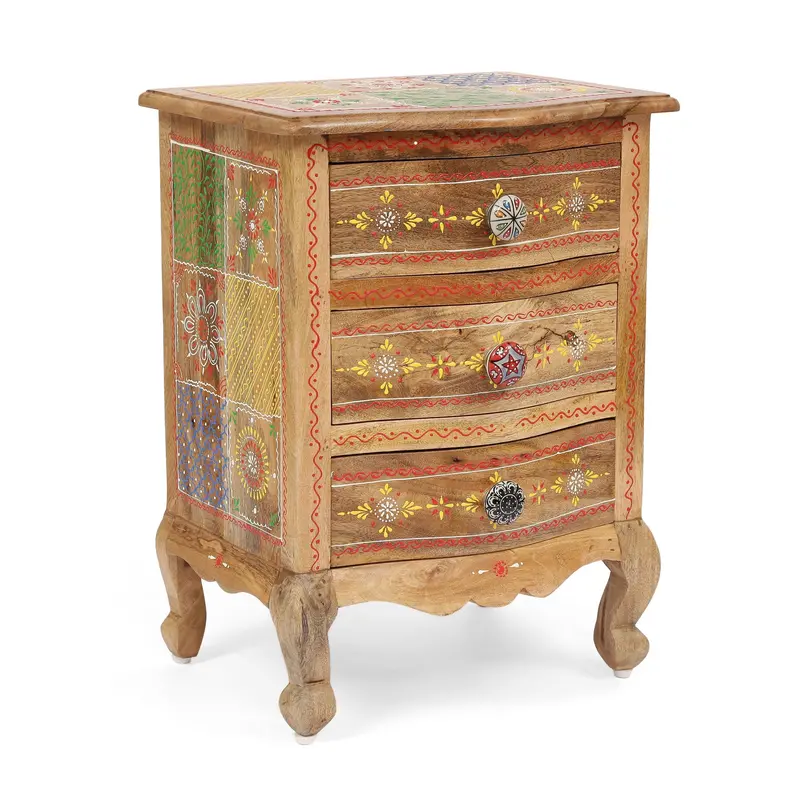 Three-Drawer Mango Wood Nightstand In Bohemian Style – Nh560413 1