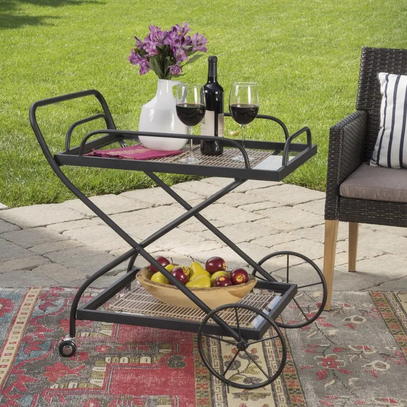 Traditional Black Powder-Coated Iron Outdoor Bar Cart With Tempered Glass Shelving – Nh775203 1