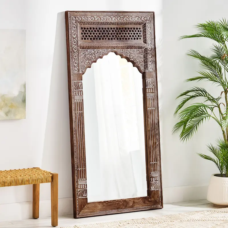Traditional Carved Mango Wood Full-Length Standing Mirror 1