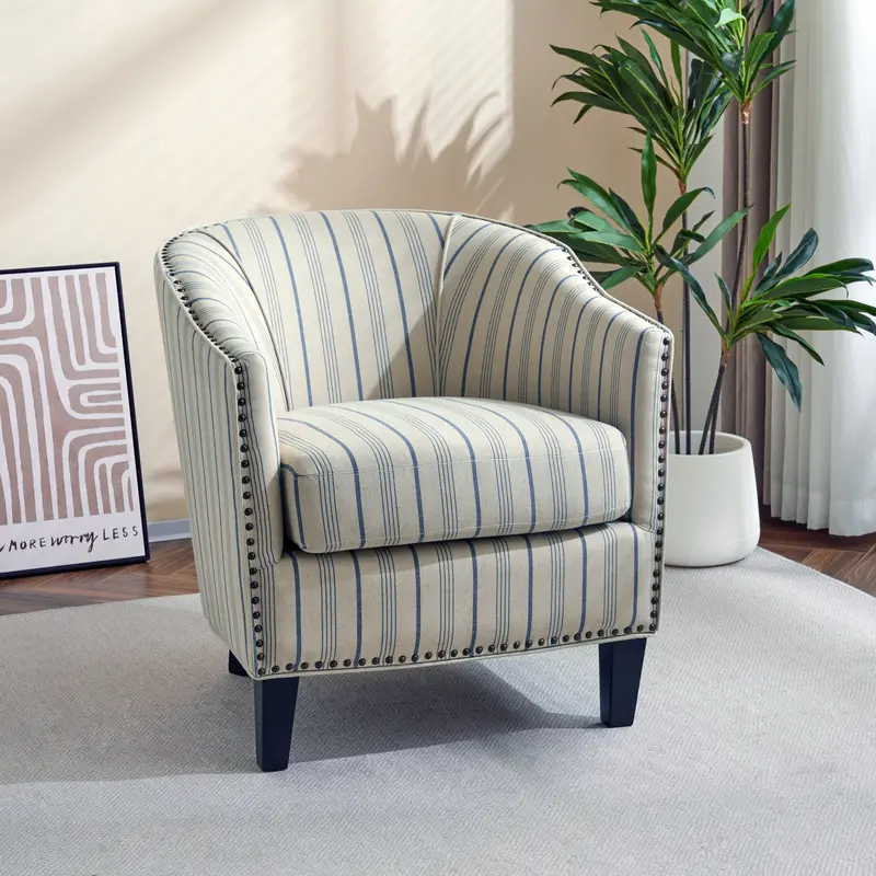 Transitional Striped Club Chair – Brass Nailhead Trim & Birch Wood Legs 1