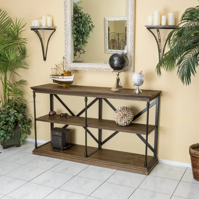 Two-Tier Industrial Media Bookcase – Open Shelving & Metal Accents 1