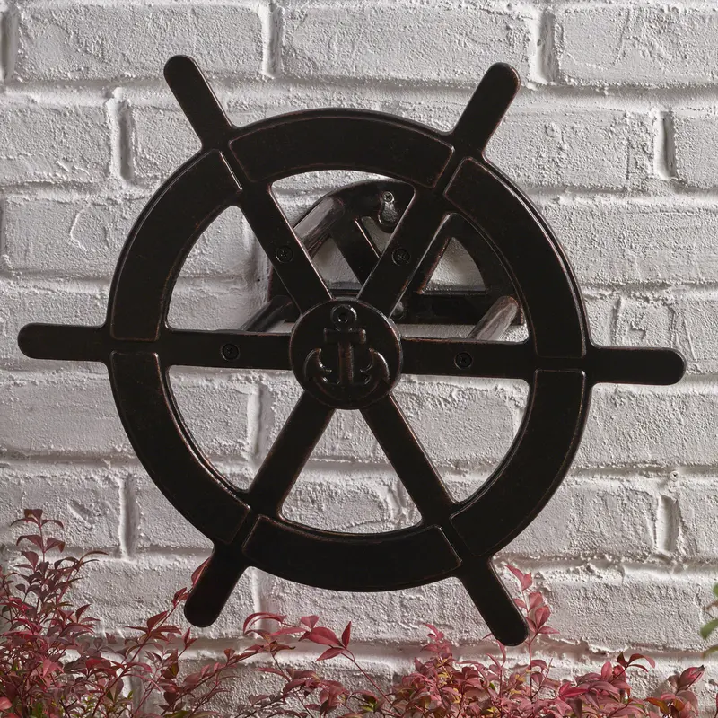 Vintage-Inspired Patina Copper Ship Wheel Hose Holder In Aluminum – Outdoor Use - Nh486303 1