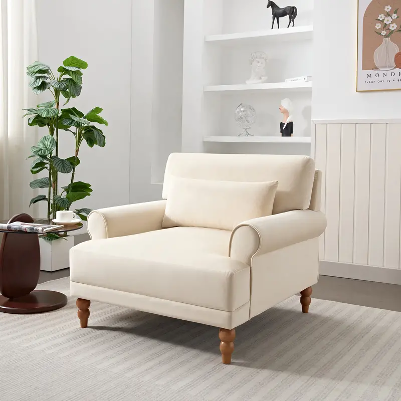 Vintage-Style Lounge Chair With Circular Arms, Lumbar Cushion, And Roman Column Base 1