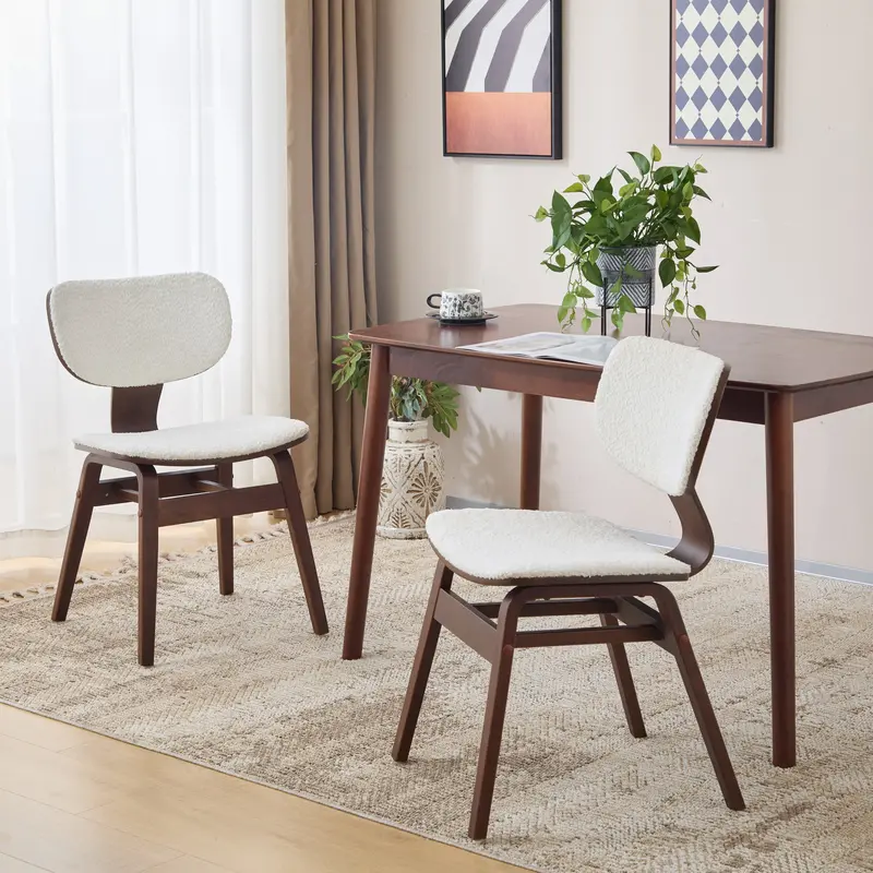 White Bouclé & Walnut Bentwood Dining Chairs – Scandinavian-Inspired Pair 1