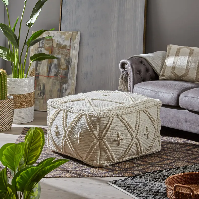 White Wool-And-Cotton Square Pouf – Natural Boho Floor Seating Nh136703 1