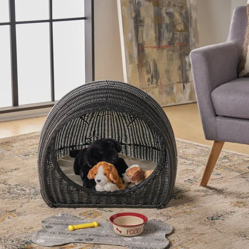Woven Wicker Igloo-Style Pet Bed With Plush Cushioning - Nh972603 1